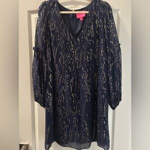 Lilly Pulitzer Cleme Navy and Gold Clip Silk Dress Top
